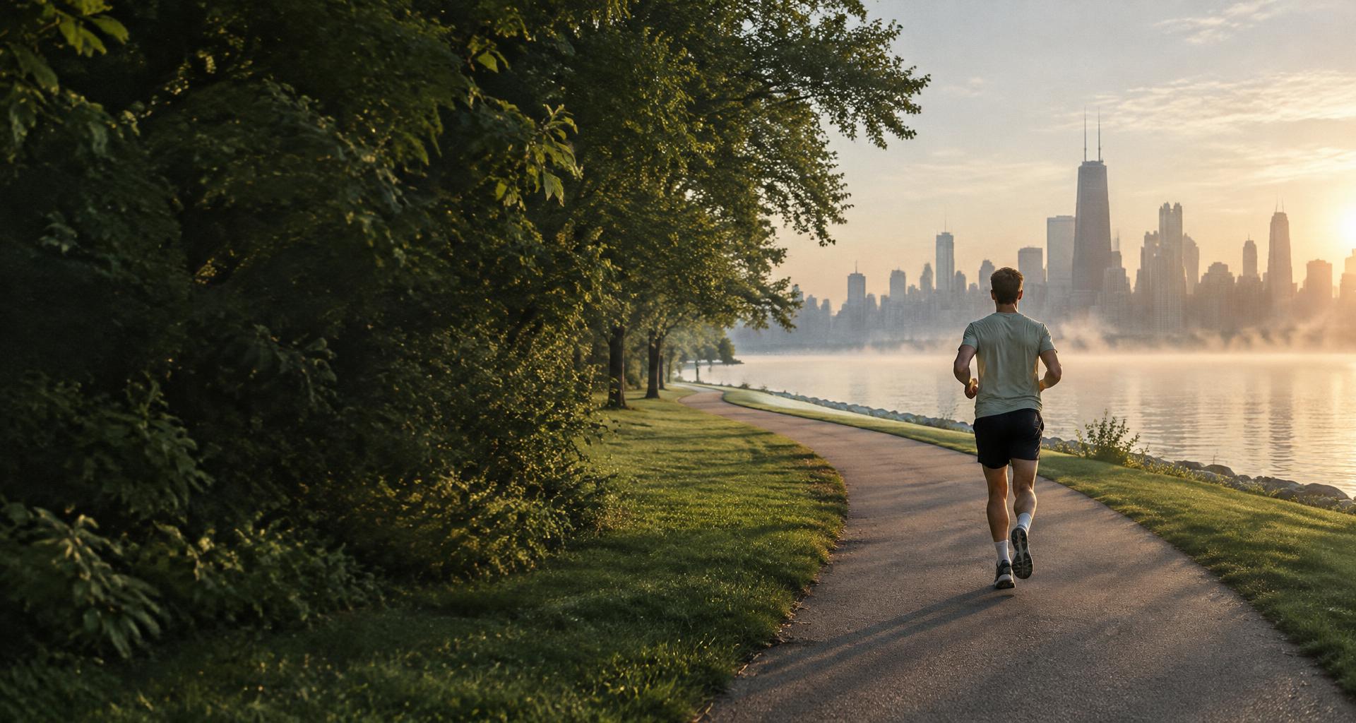 A runner taking the next step along Chicago’s lakeside path at sunrise